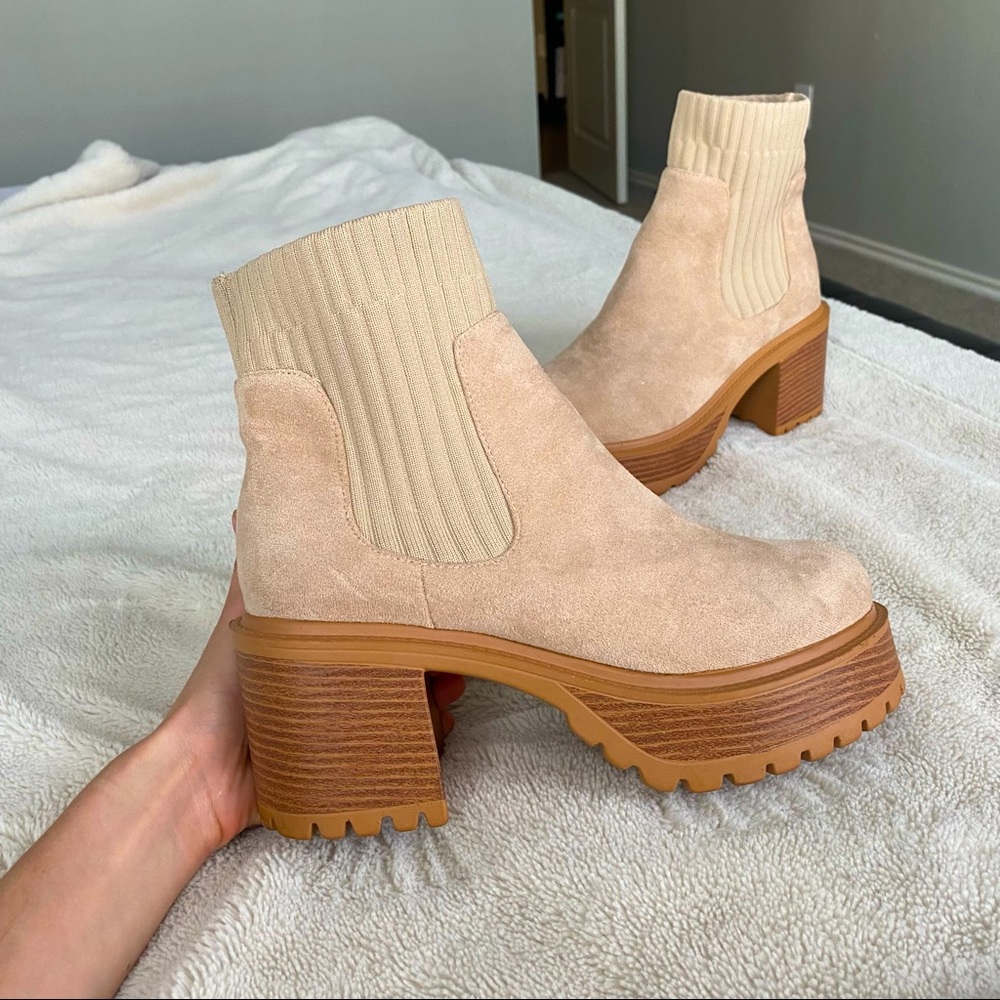 COPY - Platform sued tan booties with heel